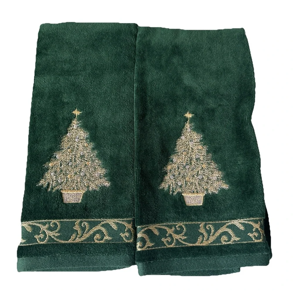 Emerald Green Vintage Velvet Touch Gold Tree Detail Decorative 5pc Towel Set